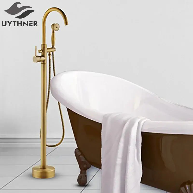 Antique brass swivel spout tub faucet with handheld shower bathroom