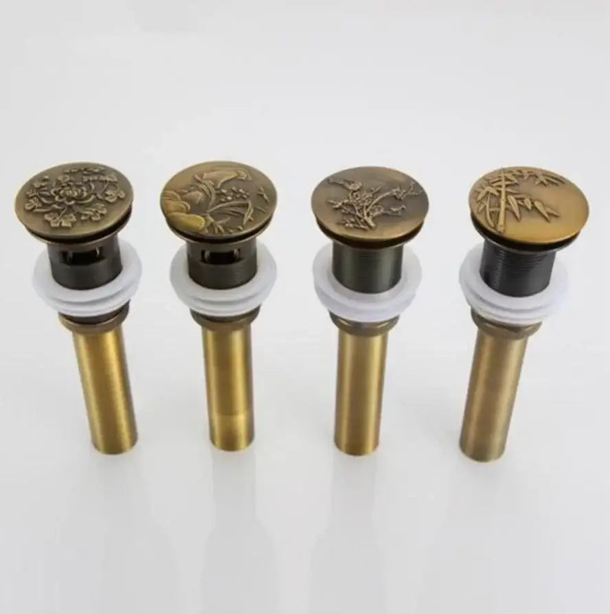 Engraved antique brass vessel sink drain bathroom accessory