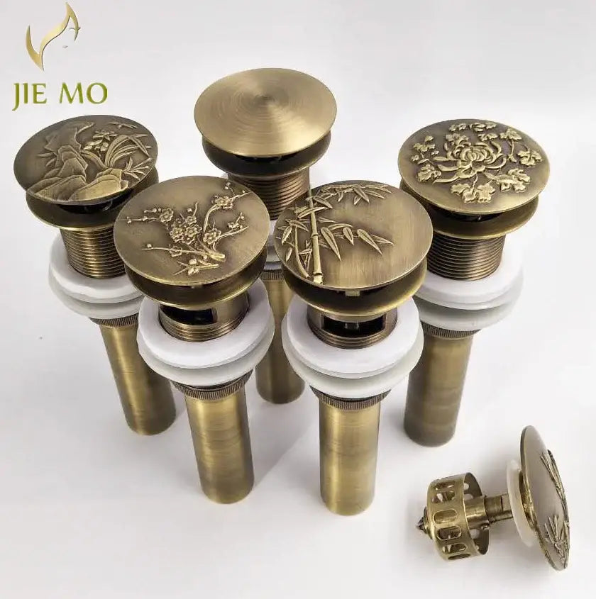 Engraved antique brass vessel sink drain bathroom accessory