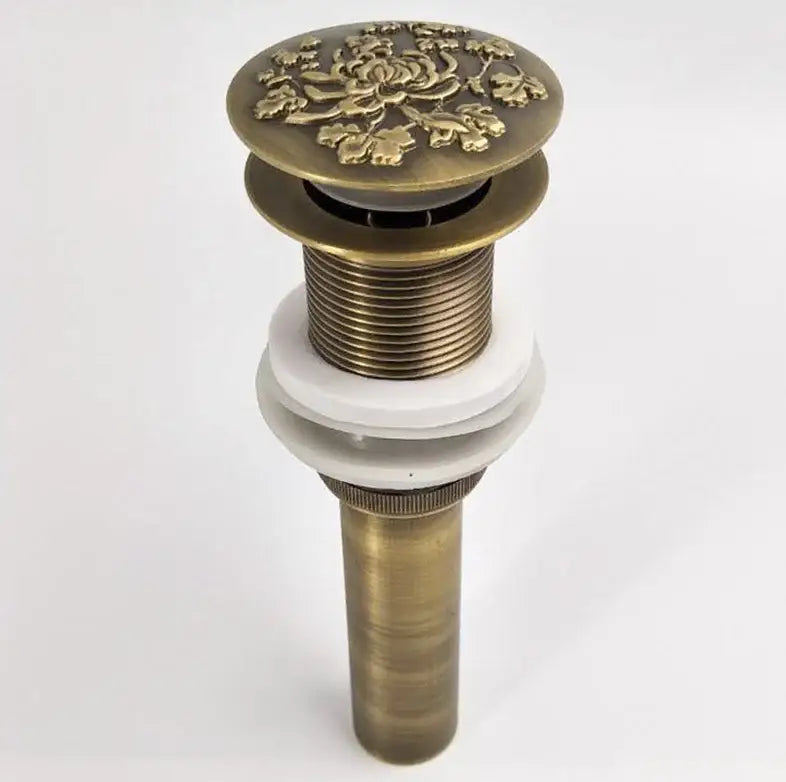 Engraved antique brass vessel sink drain bathroom accessory