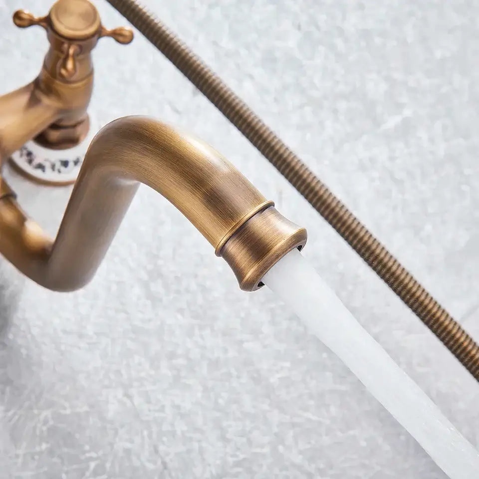 Antique brass shower mixer tap with curved spout for bathroom
