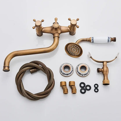Antique brass shower mixer tap with curved spout for bathroom