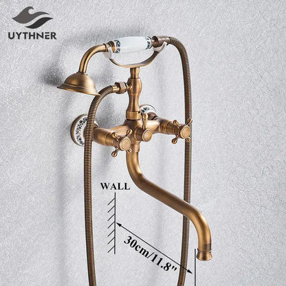 Antique brass shower mixer tap with curved spout for bathroom