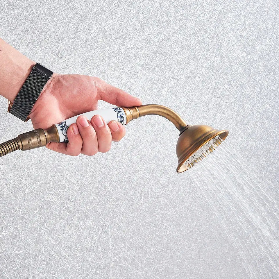 Antique brass shower mixer tap with curved spout for bathroom