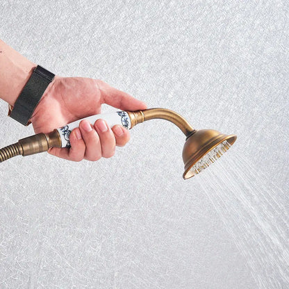 Antique brass shower mixer tap with curved spout for bathroom