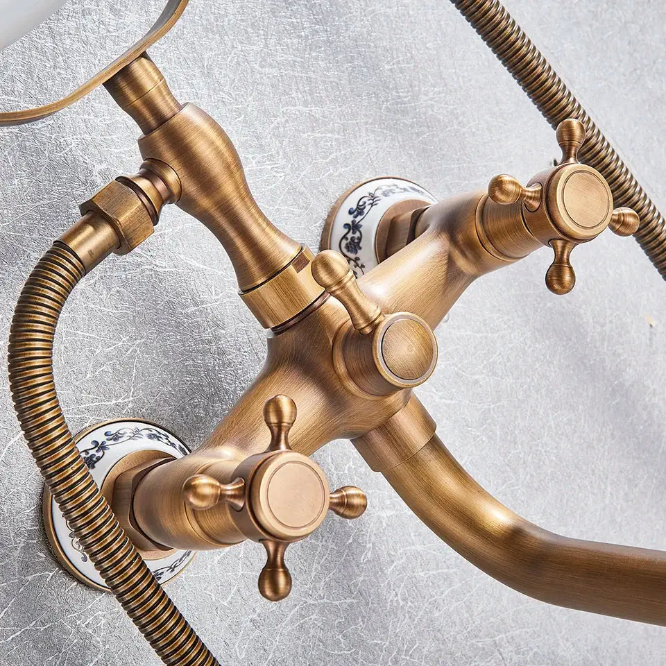 Antique brass shower mixer tap with curved spout for bathroom