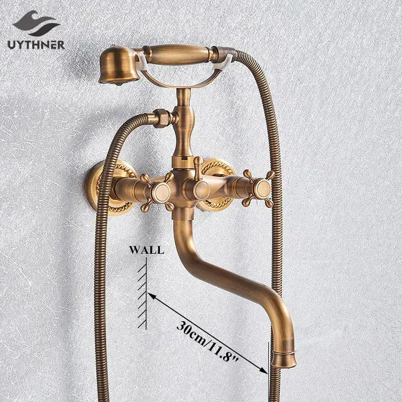 Antique brass shower mixer tap with curved spout for bathroom