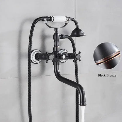 Antique brass shower mixer tap with curved spout for bathroom