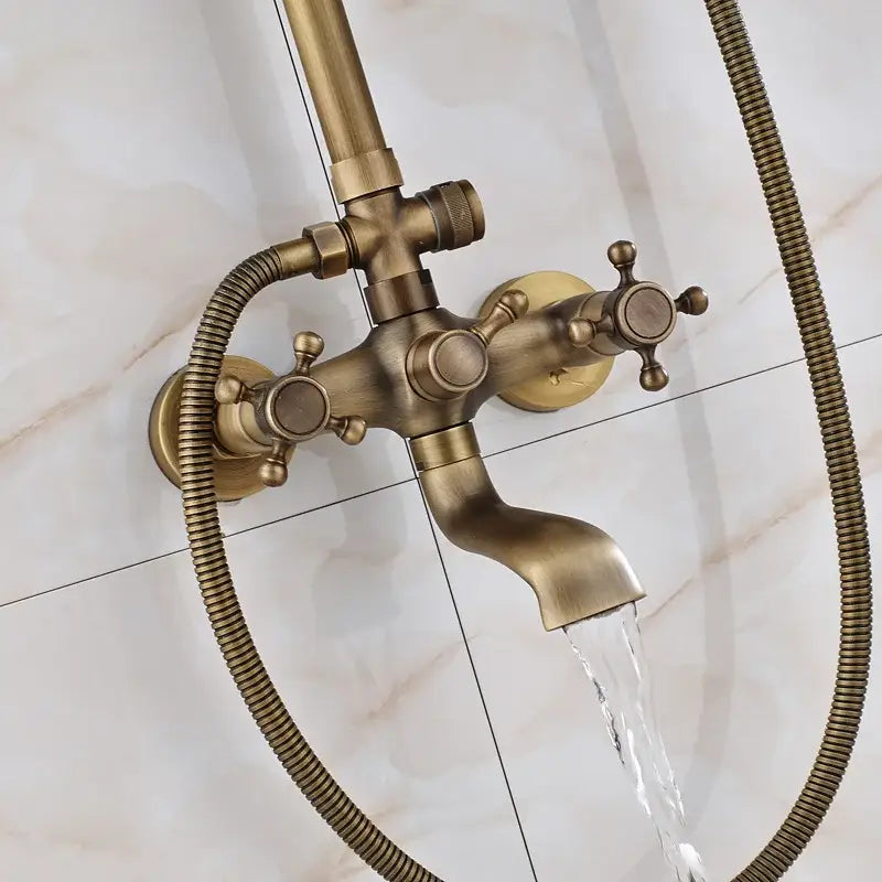 Antique brass wall mount shower faucet with rainhead for bathroom