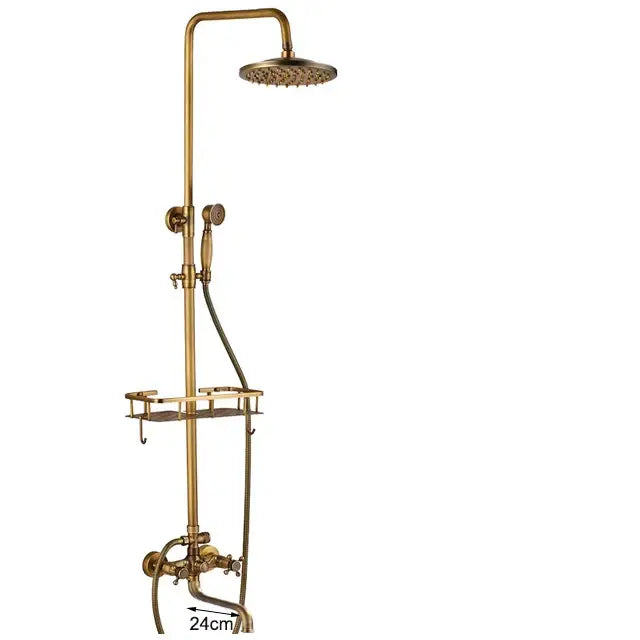 Antique brass wall mount shower faucet with rainhead for bathroom