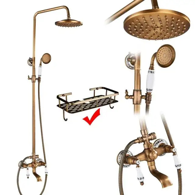 Antique brass wall mount shower faucet with rainhead for bathroom