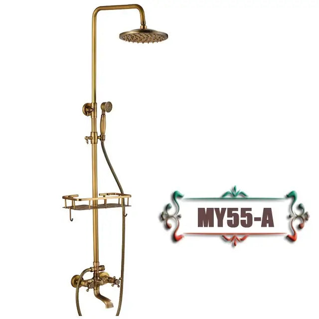Antique brass wall mount shower faucet with rainhead for bathroom