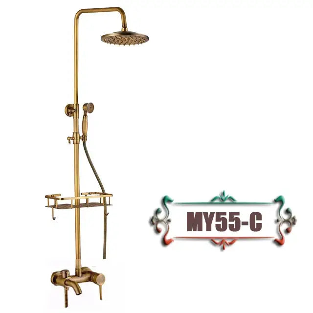 Antique brass wall mount shower faucet with rainhead for bathroom
