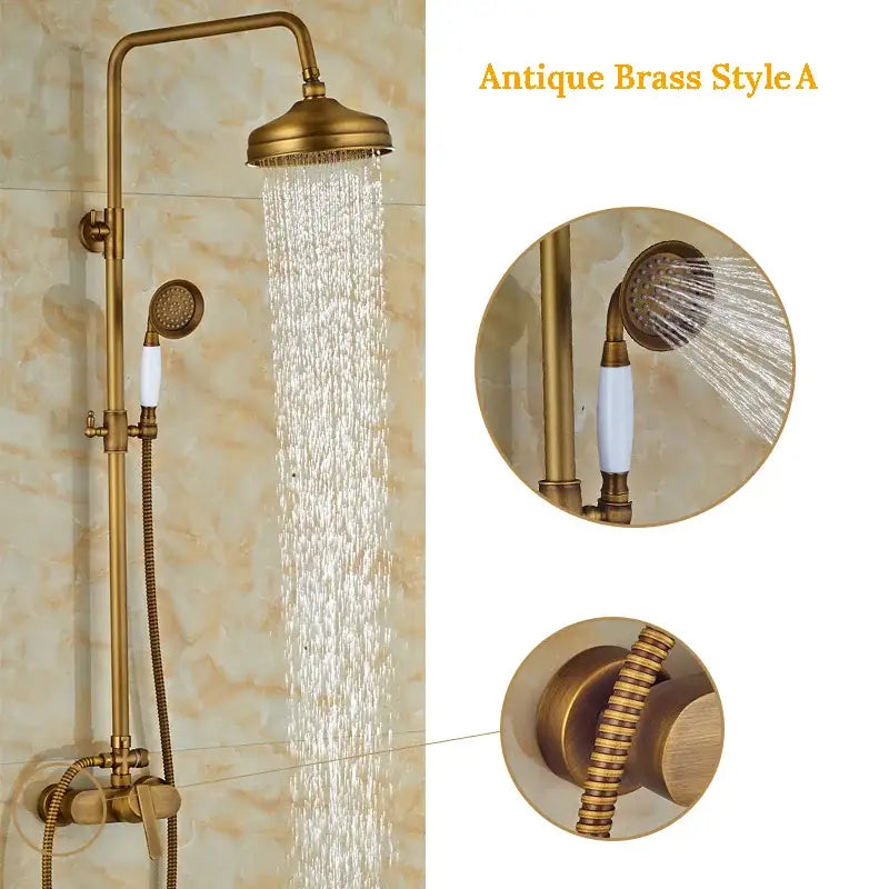 Antique brass wall mount shower faucet with rain head – bathroom