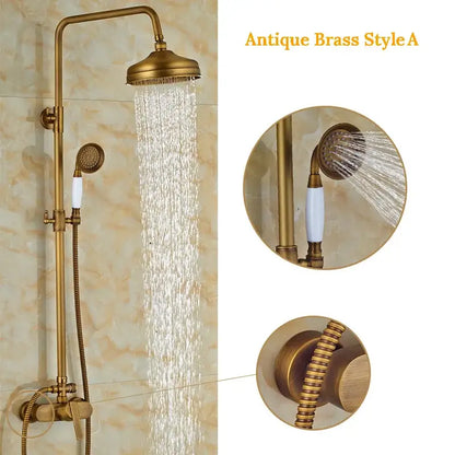 Antique brass wall mount shower faucet with rain head – bathroom