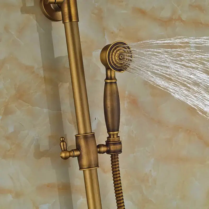 Antique brass wall mount shower faucet with rain head – bathroom