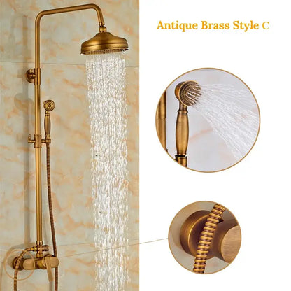 Antique brass wall mount shower faucet with rain head – bathroom