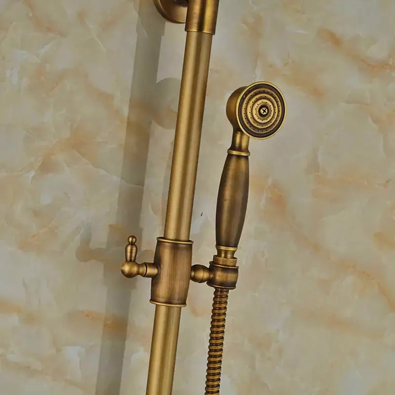 Antique brass wall mount shower faucet with rain head – bathroom