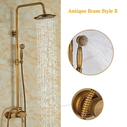 Antique brass wall mount shower faucet with rain head – bathroom