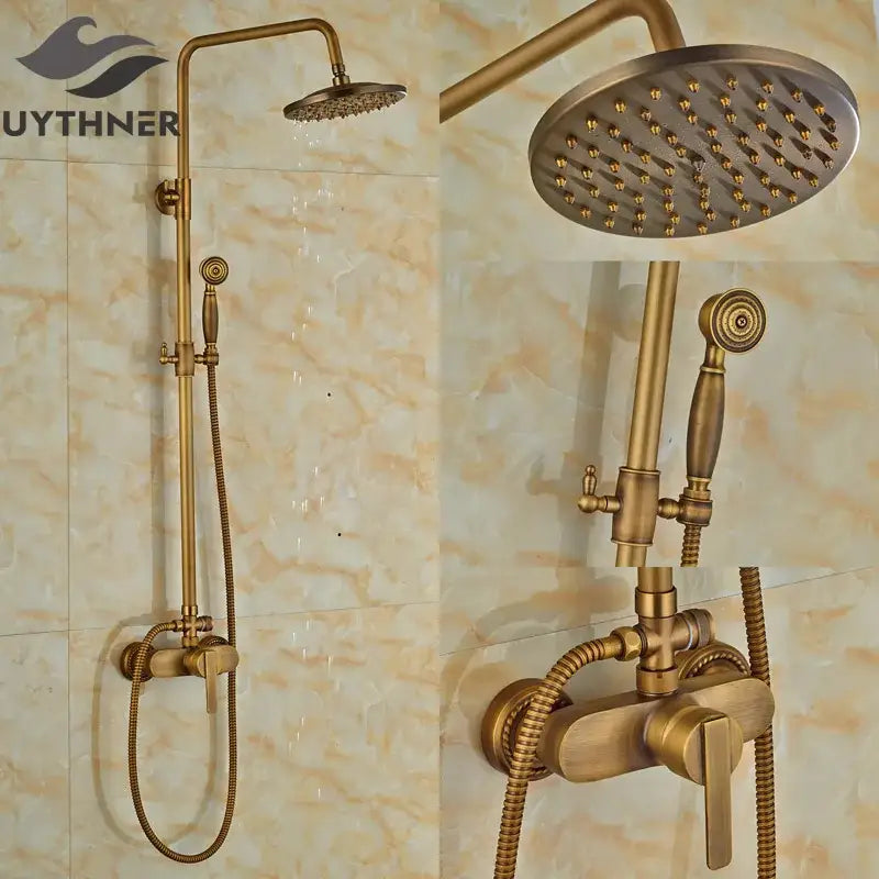 Antique brass wall mount shower faucet with rain head – bathroom