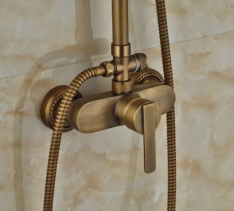 Antique brass wall mount shower faucet with rain head – bathroom