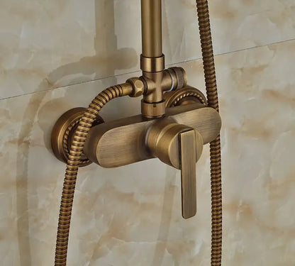 Antique brass wall mount shower faucet with rain head – bathroom