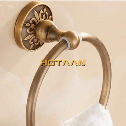 Antique brass engraved round towel holder bathroom accessory