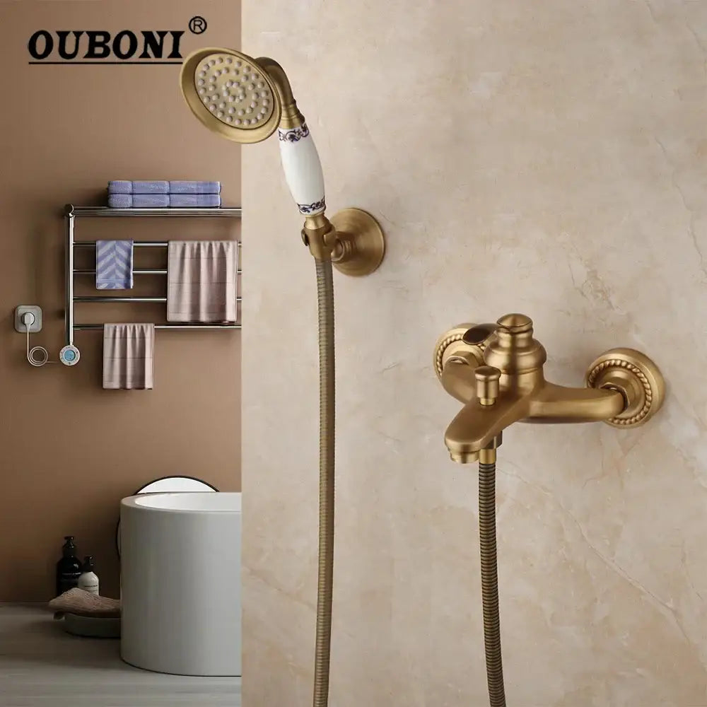 Antique brass shower faucet set bathroom ornate ceramic hand shower
