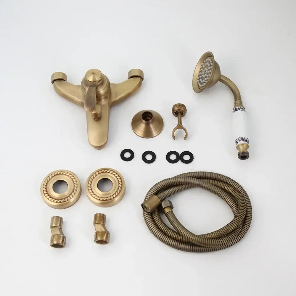 Antique brass shower faucet set bathroom ornate ceramic hand shower