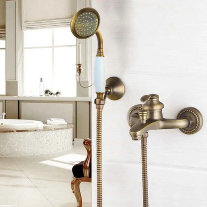 Antique brass shower faucet set bathroom ornate ceramic hand shower