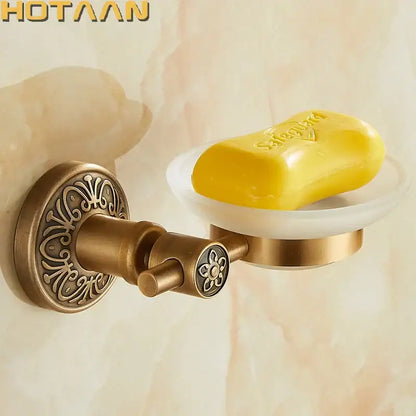 Antique brass wall mounted soap dish with frosted glass bathroom holder