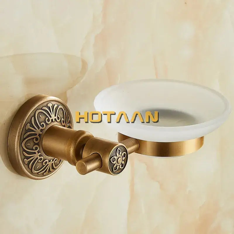 Antique brass wall mounted soap dish with frosted glass bathroom holder