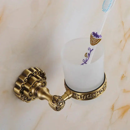 Antique brass wall mounted toothbrush holder with glass cup bathroom