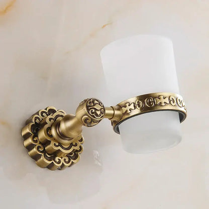 Antique brass wall mounted toothbrush holder with glass cup bathroom