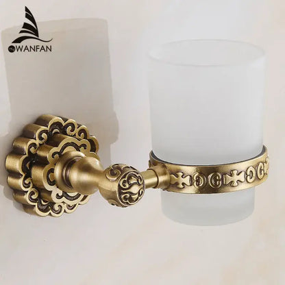 Antique brass wall mounted toothbrush holder with glass cup bathroom