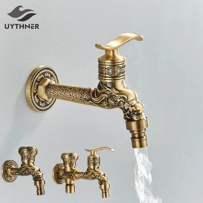 Antique brass dragon wall mounted faucet garden engraved tap