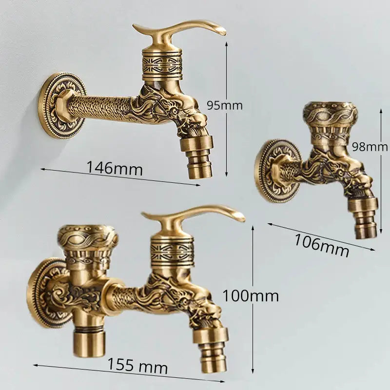 Antique brass dragon wall mounted faucet garden engraved tap