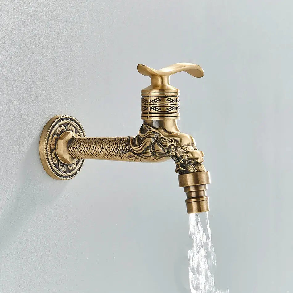 Antique brass dragon wall mounted faucet garden engraved tap