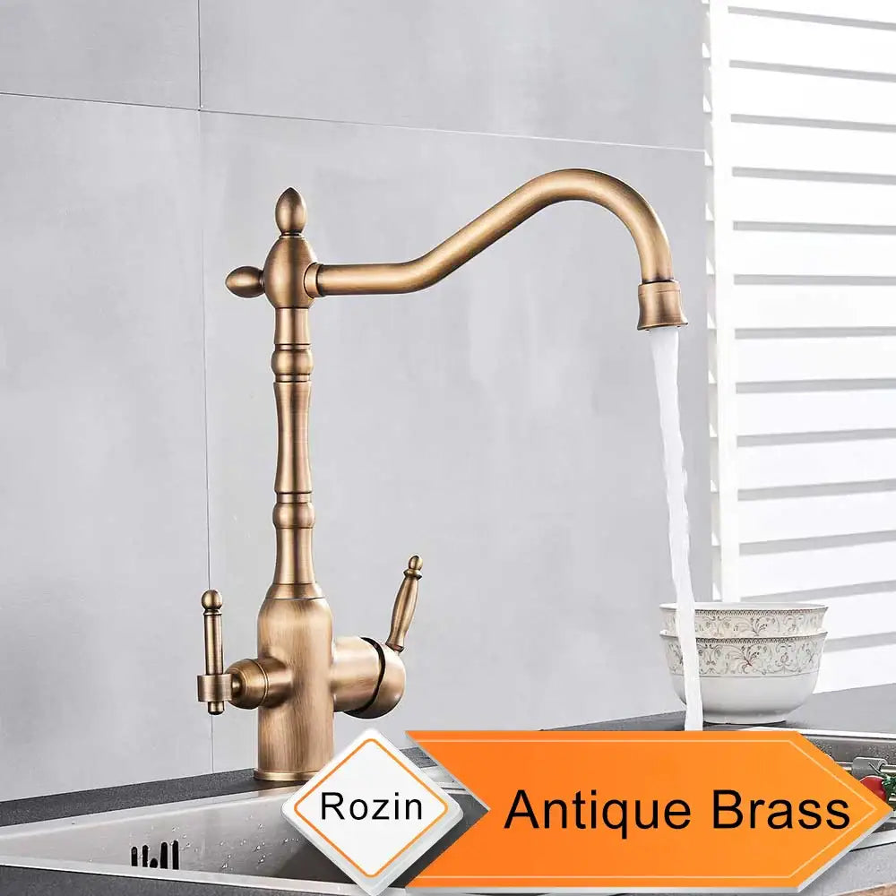 Antique brass water filtration kitchen faucet with ornate design