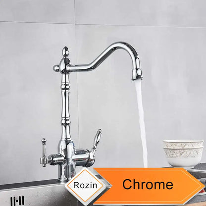 Antique brass water filtration kitchen faucet with ornate design