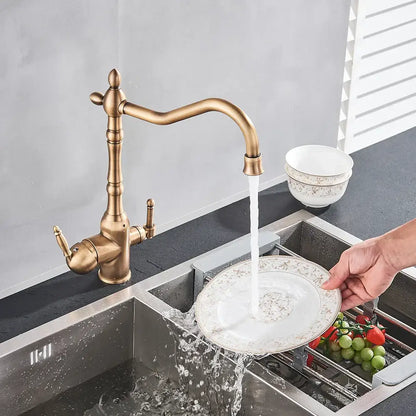 Antique brass water filtration kitchen faucet with ornate design