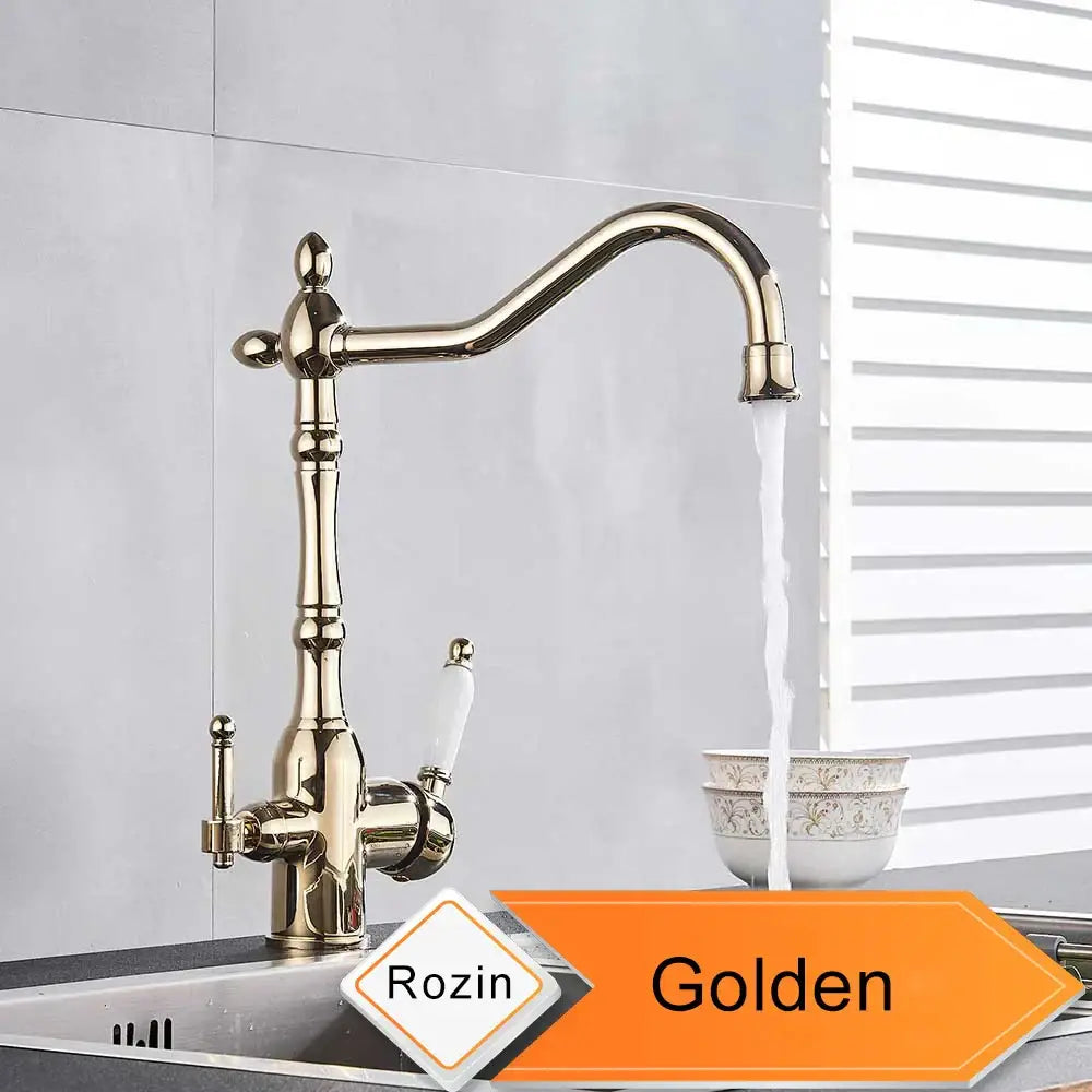 Antique brass water filtration kitchen faucet with ornate design