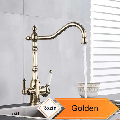 Antique brass water filtration kitchen faucet with ornate design
