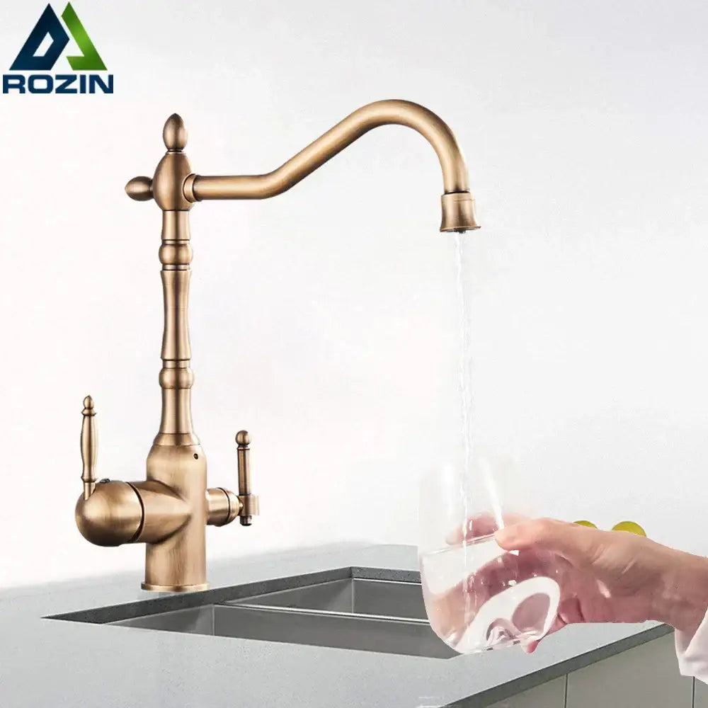 Antique brass water filtration kitchen faucet with ornate design