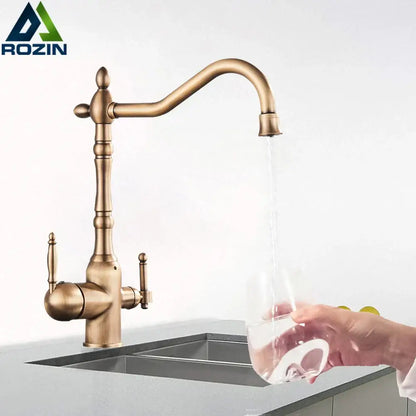 Antique brass water filtration kitchen faucet with ornate design