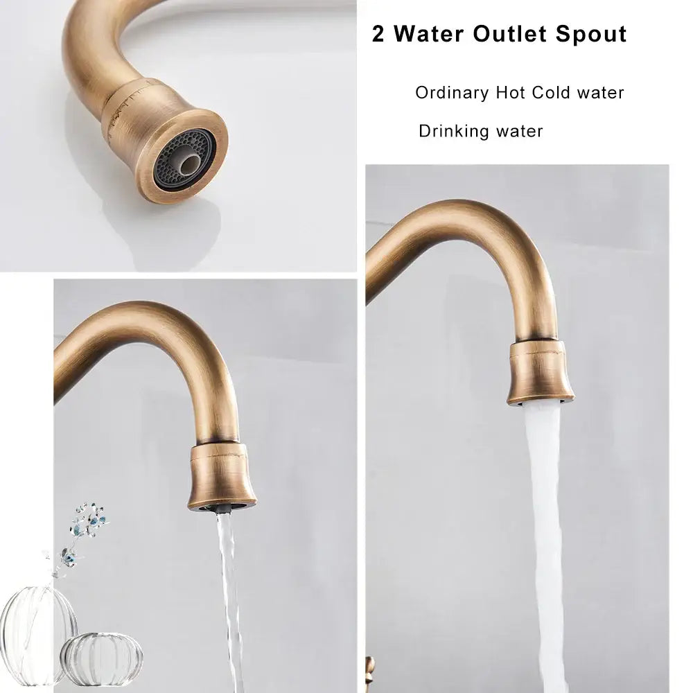 Antique brass water filtration kitchen faucet with ornate design