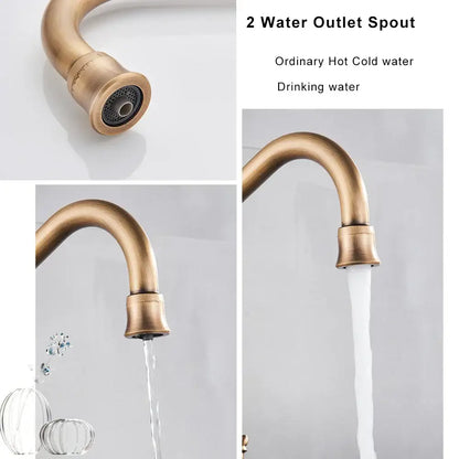 Antique brass water filtration kitchen faucet with ornate design