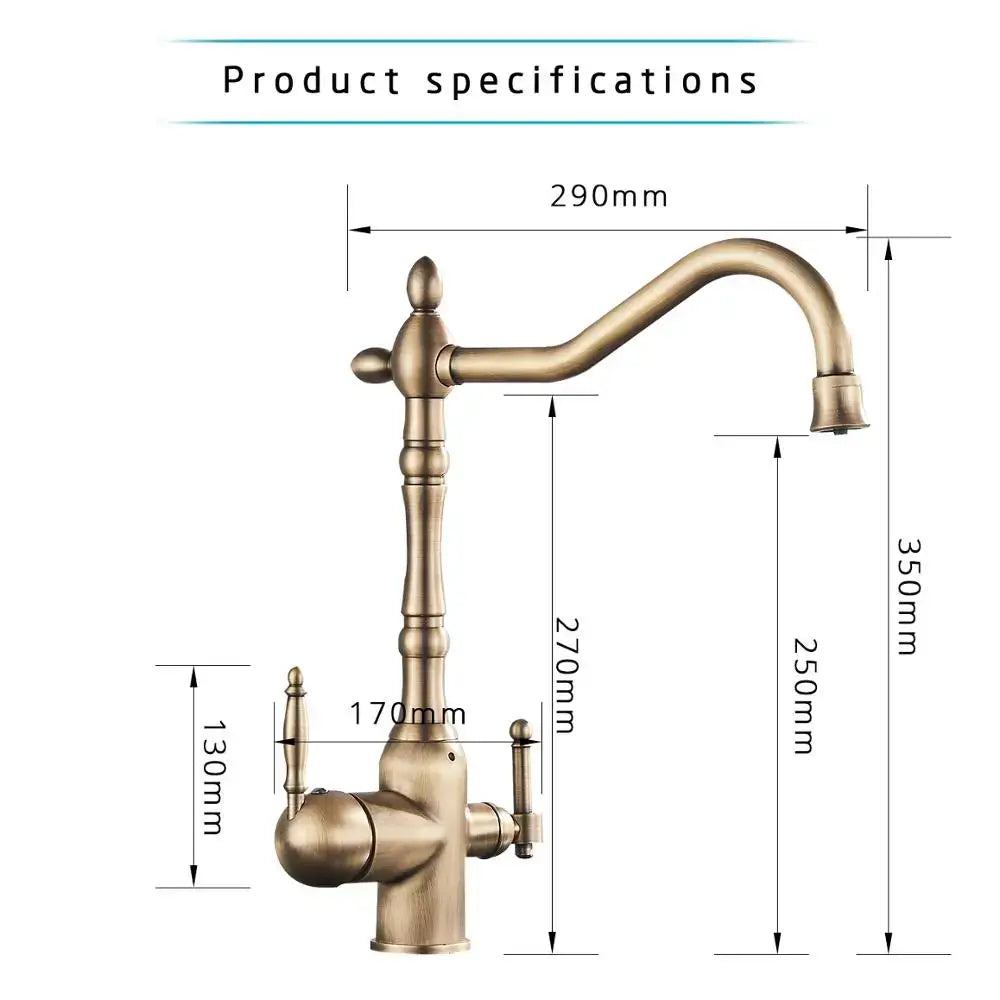 Antique brass water filtration kitchen faucet with ornate design