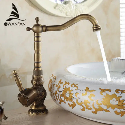 Antique bronze basin faucet with ornate detailing for bathroom