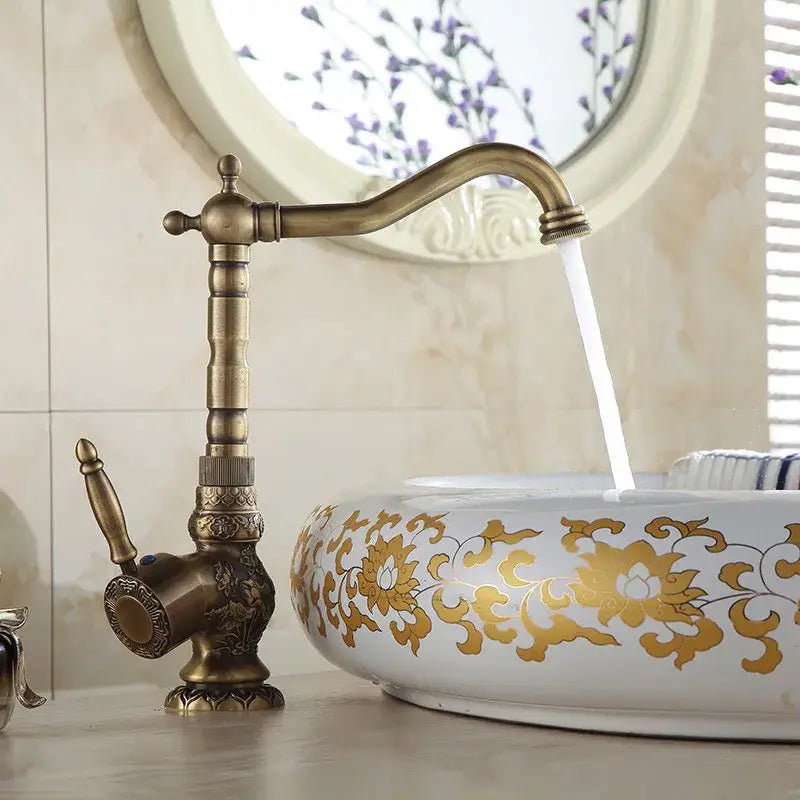 Antique bronze basin faucet with ornate detailing for bathroom
